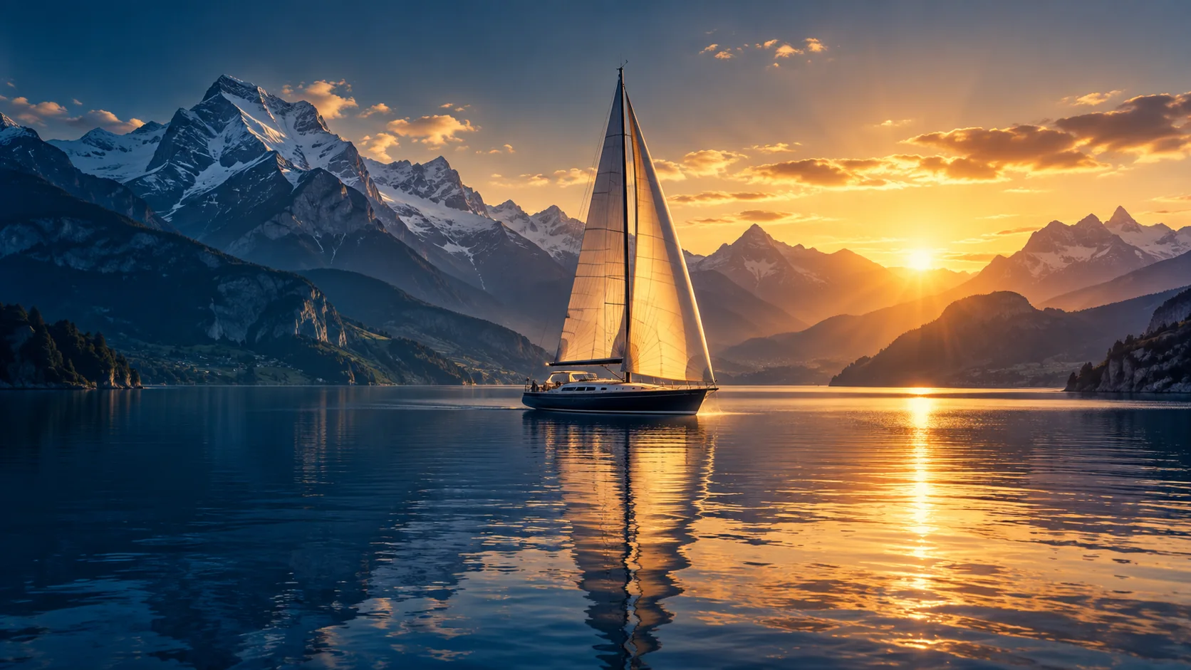 Segelboot auf einem Schweizer See vor Alpenpanorama im Abendlicht